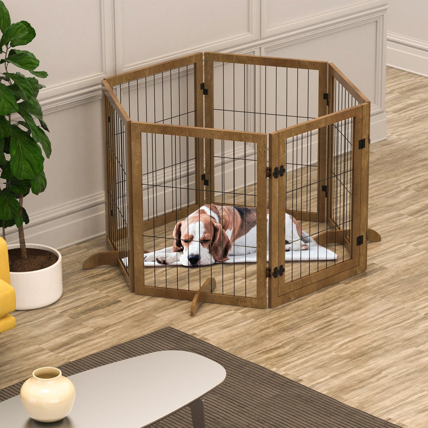 Dog Gate With Door Pet Dog Fence Barrier 6 Panels 144-inch Wide 32-inch Tall Foldable Multiple Shapes