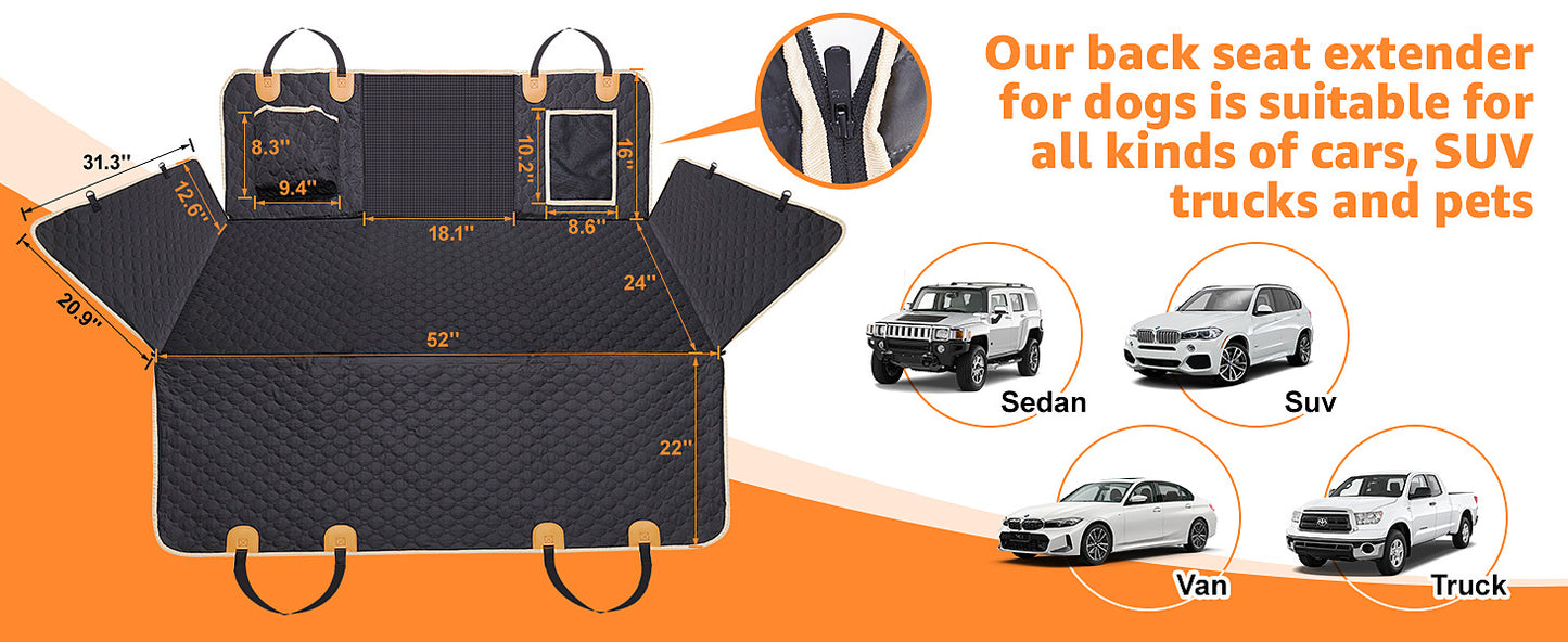 Back Seat Extender For Dogs Waterproof Dog Car Seat Cover Hard Bottom-Detachable,600D Heavy Duty Scratch Proof Nonslip Soft,Dog Hammock For Car,SUVs Take A Handbag