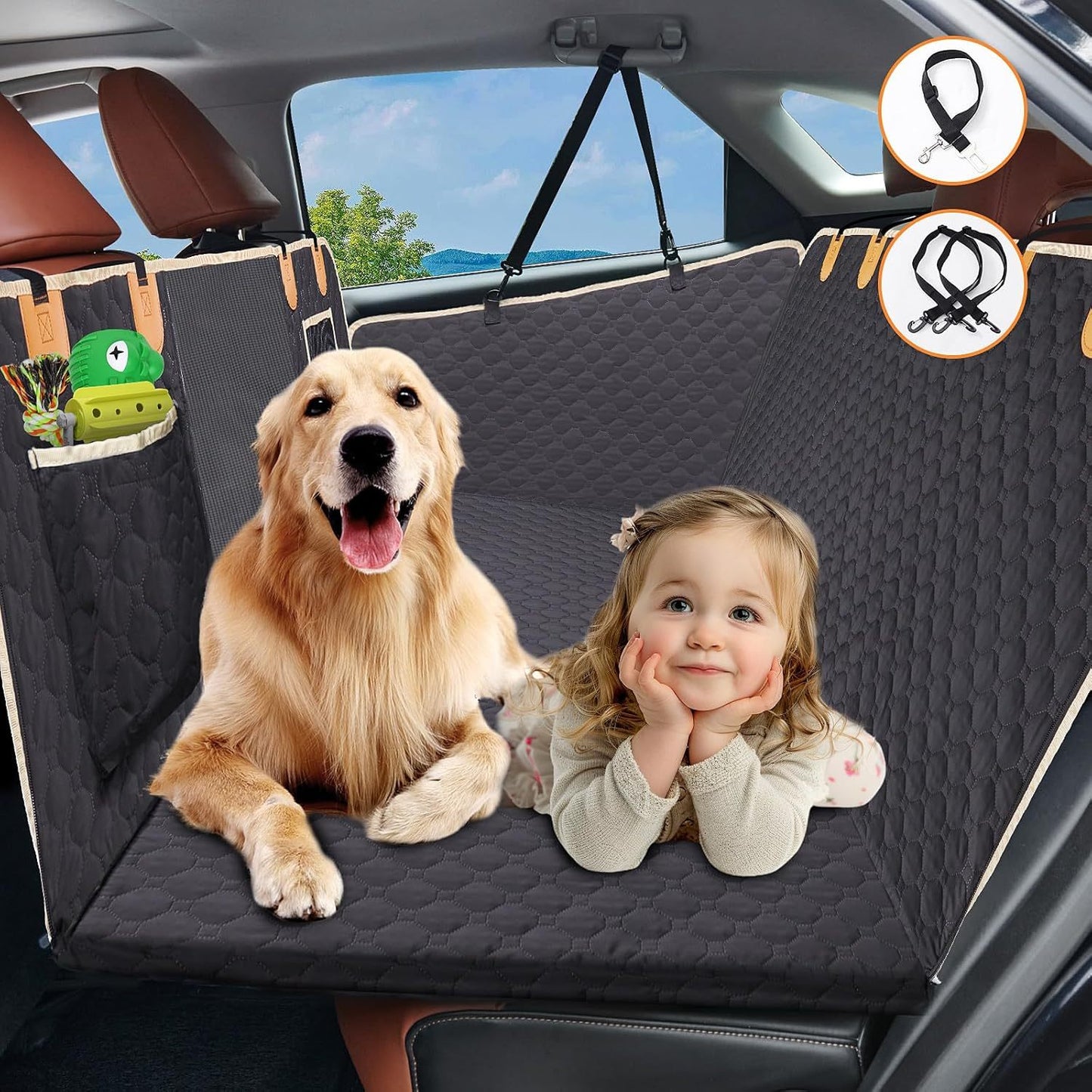 Back Seat Extender For Dogs Waterproof Dog Car Seat Cover Hard Bottom-Detachable,600D Heavy Duty Scratch Proof Nonslip Soft,Dog Hammock For Car,SUVs Take A Handbag